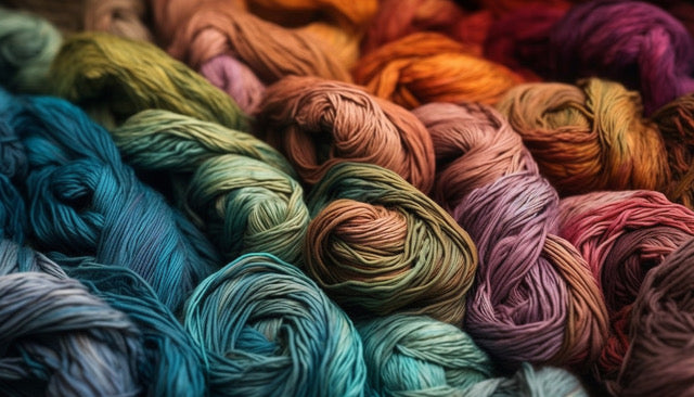 Close up of richly coloured yarn skeins