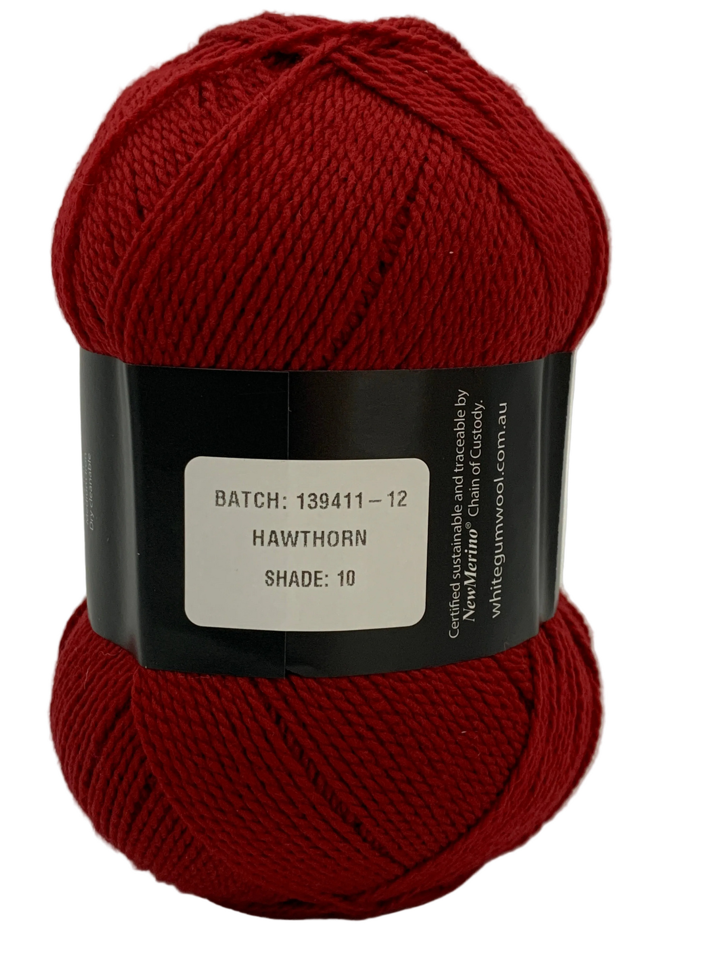 Deep cool Red "Hawthorn" coloured ball of superfine 4 ply Merino wool on white background