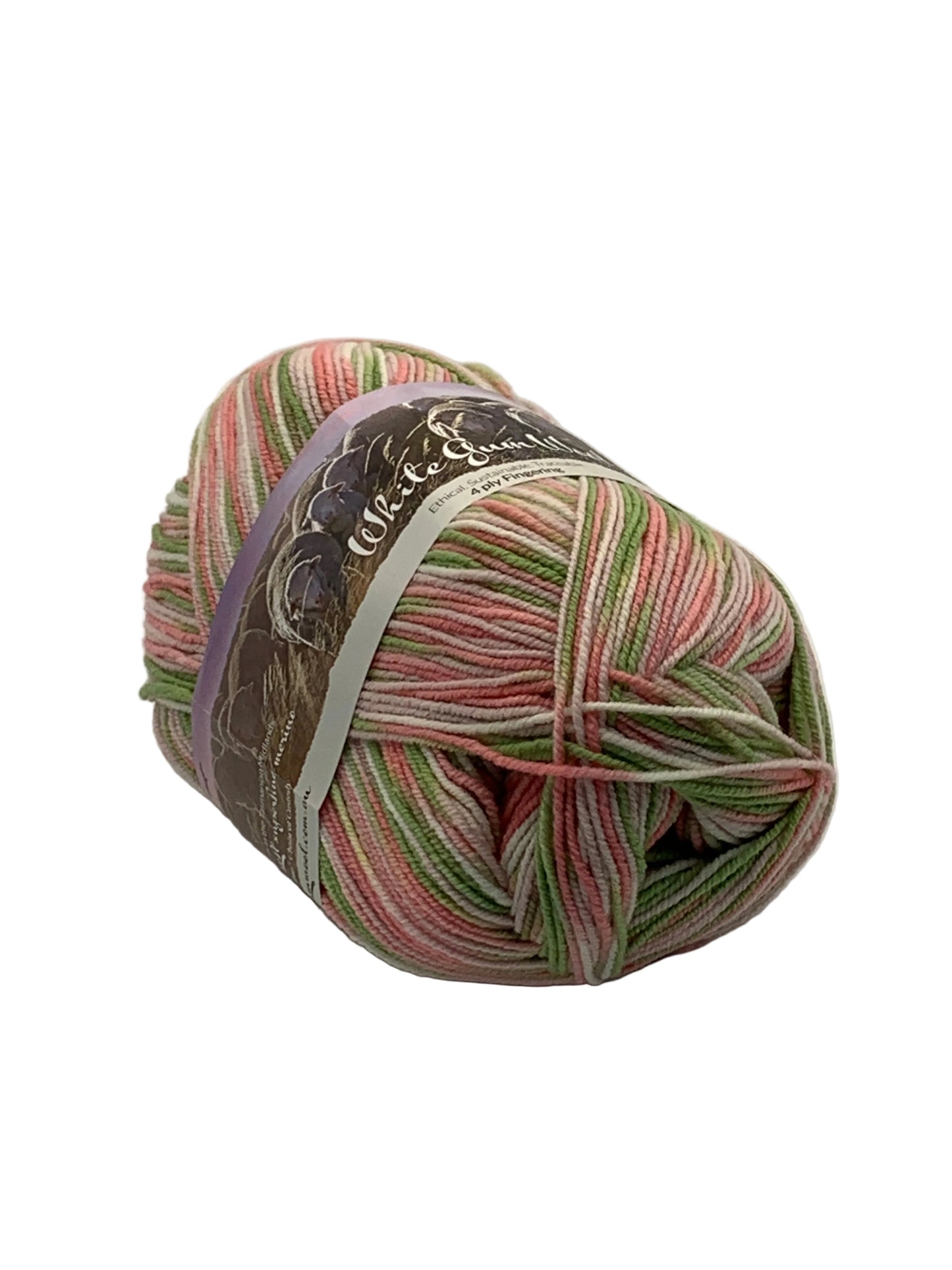 Spring multicoloured "Apple Blossom" ball of superfine 4 ply Merino wool on white background