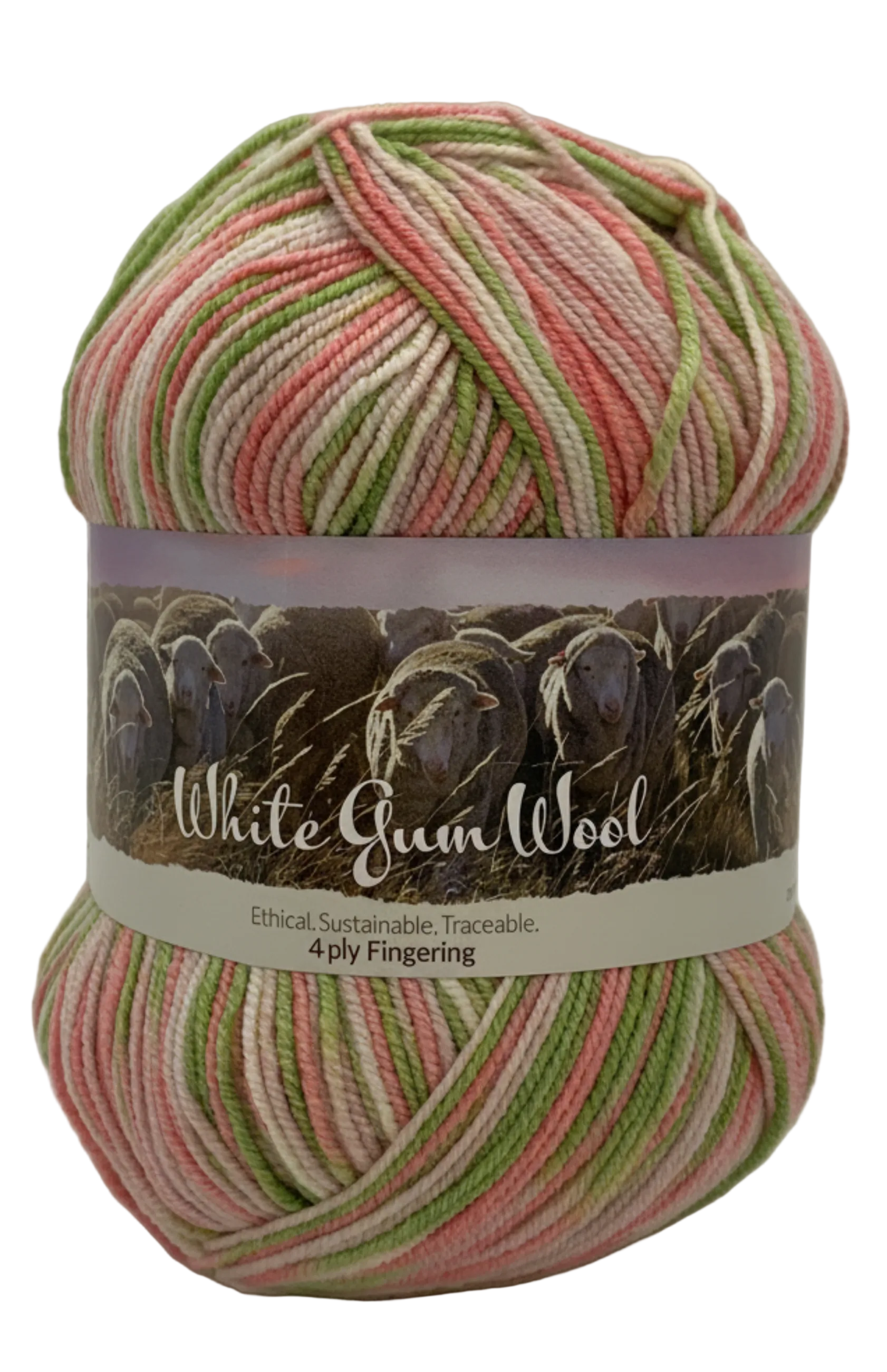 Spring multicoloured "Apple Blossom" ball of superfine 4 ply Merino wool on white background