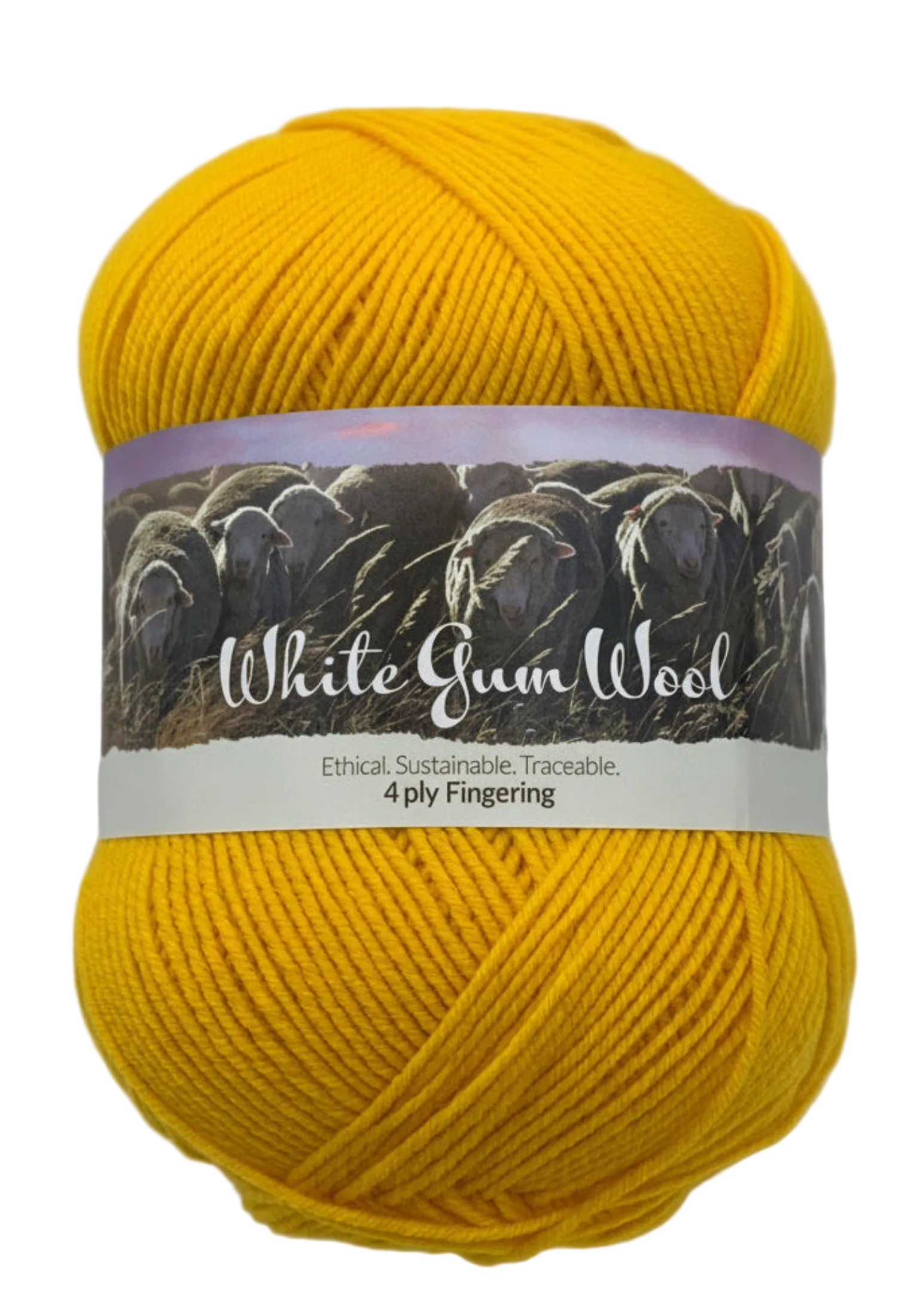 Bright golden yellow "Everlasting" ball of superfine 4 ply Merino wool on white background