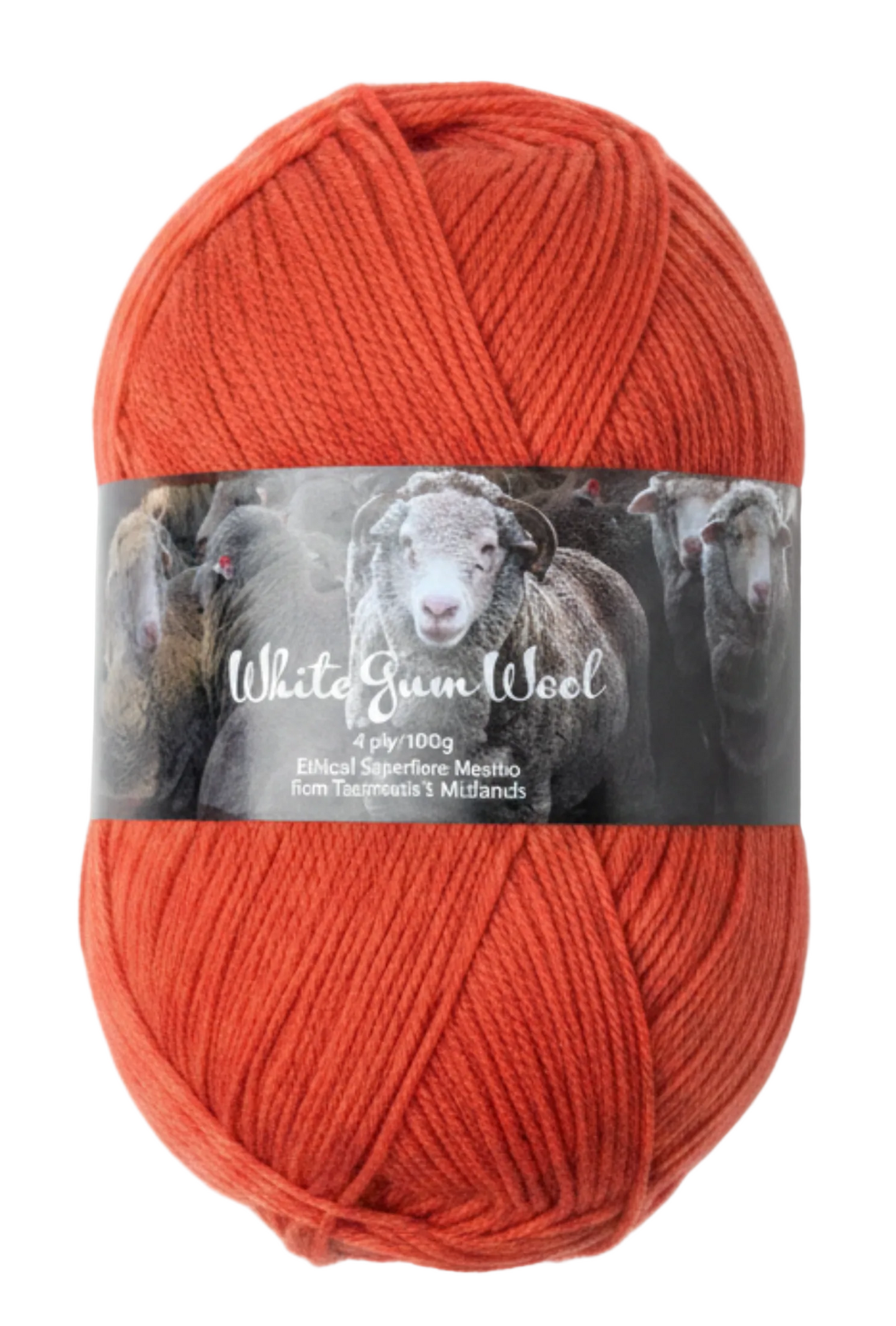 Red "Flame" colour ball of superfine 4 ply Merino on white background