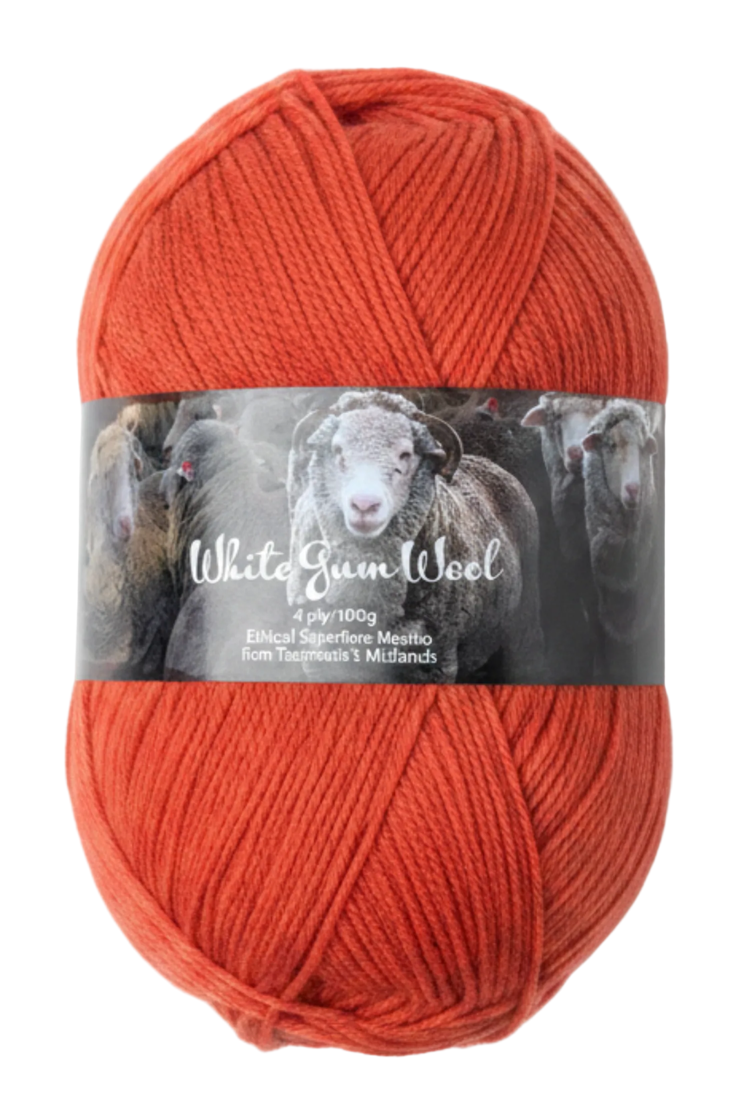 Red "Flame" colour ball of superfine 4 ply Merino on white background