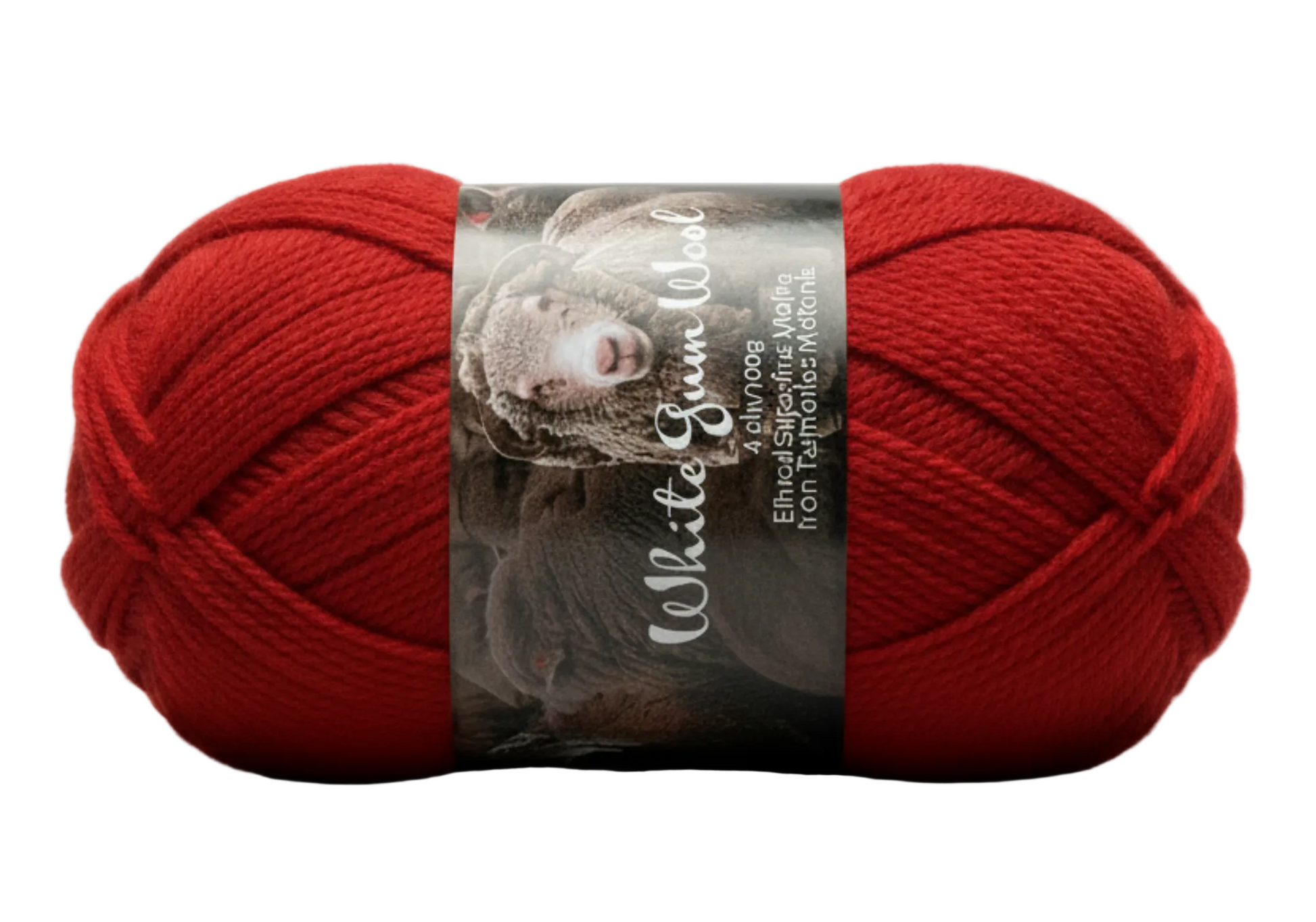 Deep cool Red "Hawthorn" coloured ball of superfine 4 ply Merino wool on white background