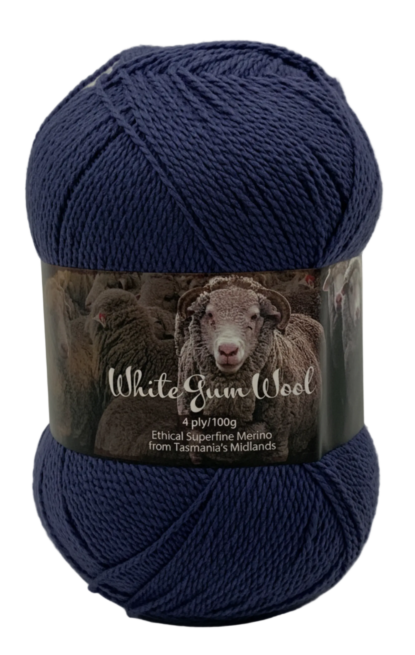 Dark grey blue "Storm" coloured ball of superfine 4 ply Merino on white background
