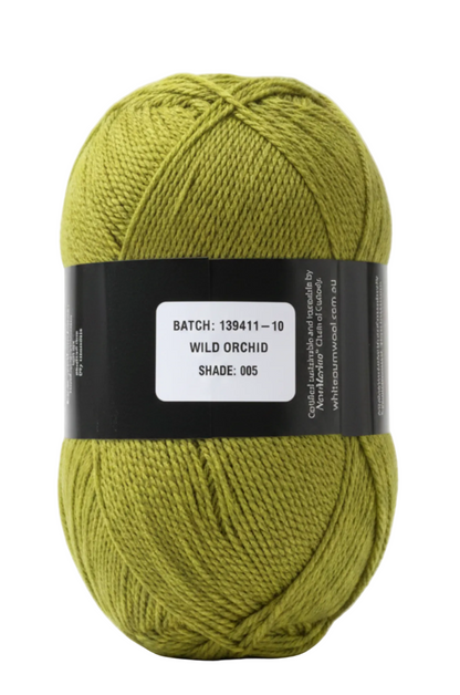 Mid warm green "Wild Orchid" ball of superfine 4 ply Merino on white background