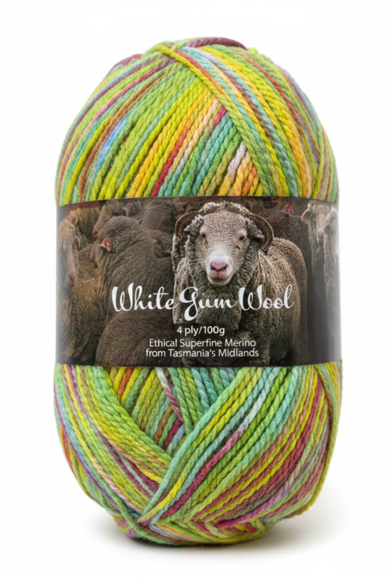 Multicolour "Wildflower"  ball of superfine 4 ply Merino wool on white background