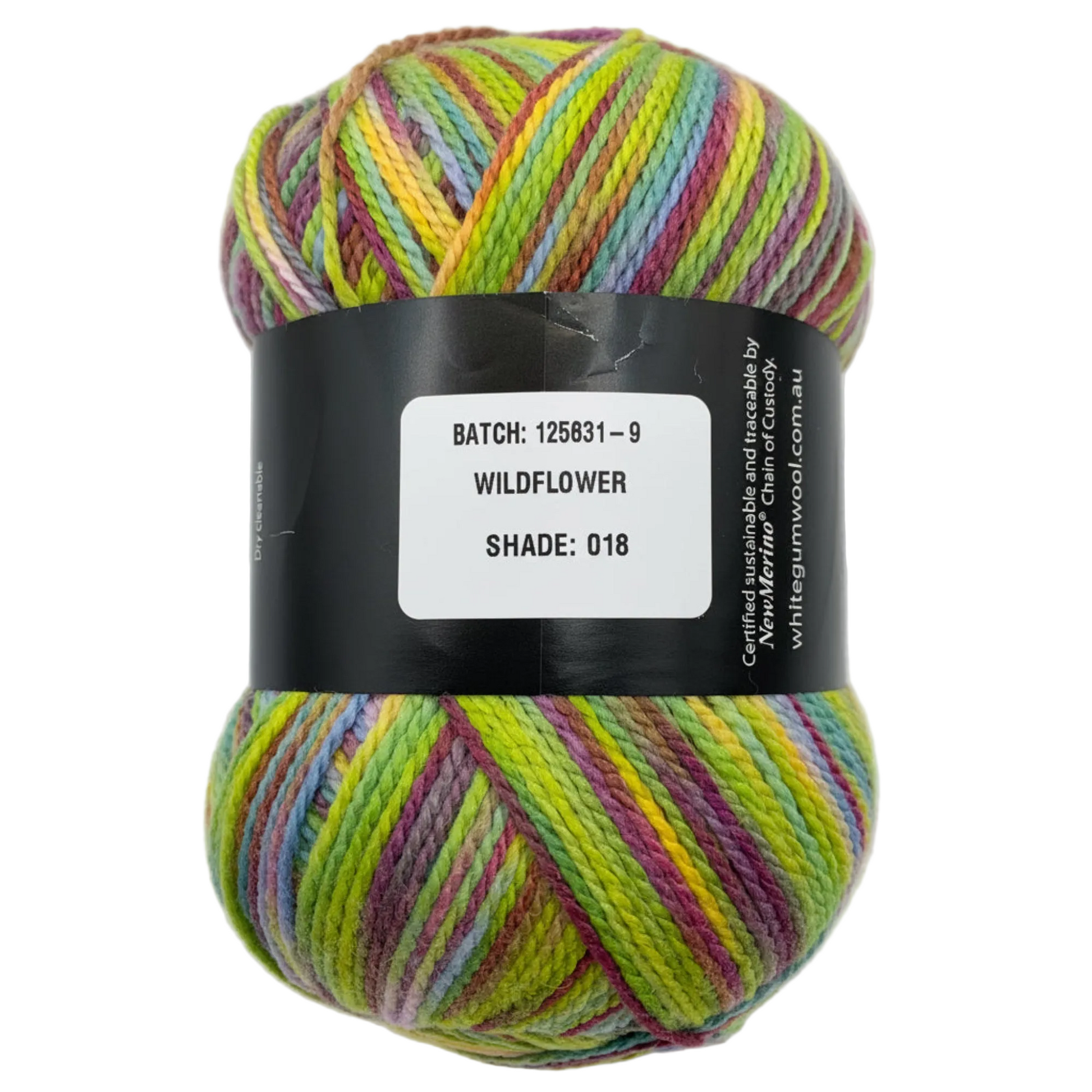 Multicolour light green, aqua, pink, yellow "Wildflower" ball of superfine 4 ply Merino on white background