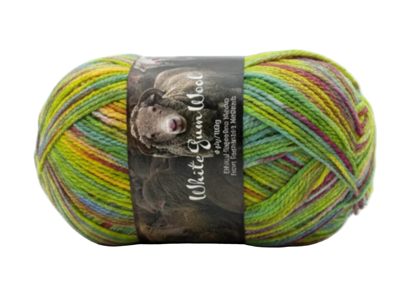Multicolour light green, pink, aqua, yellow "Wildflower" ball of superfine 4 ply Merino wool on white background