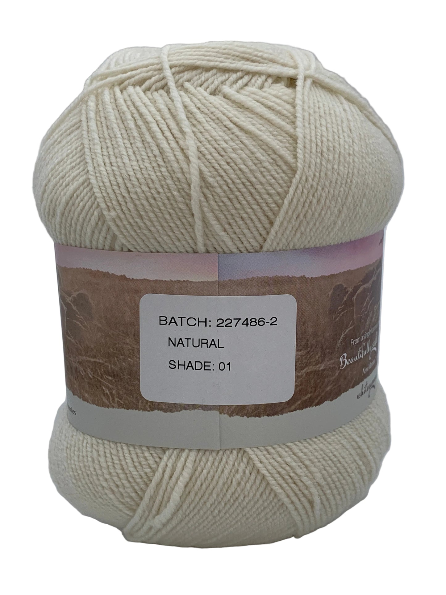 Natural coloured ball of superfine 4 ply Merino wool on white background